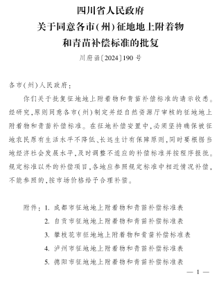 川府函〔2024〕190号：四川省人民政府关于同意各市(州)征地地上附着物和青苗补偿标准的批复（四川省人民政府2024年7月20日）